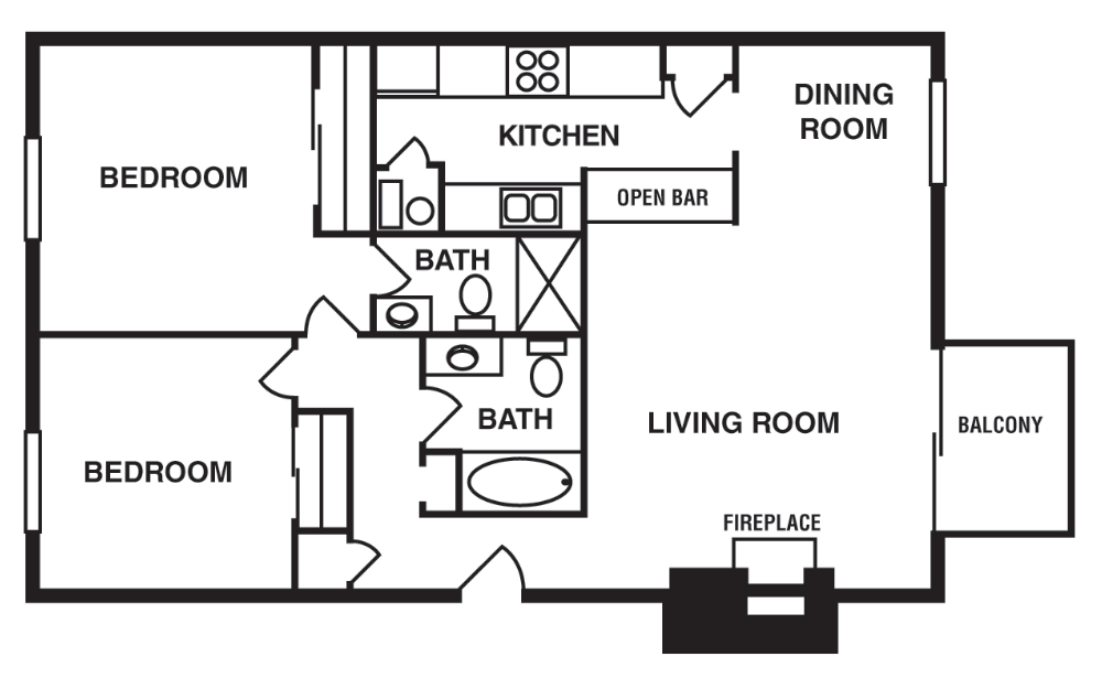 Floor plan for 2 beds, 2 baths, 960 sqft